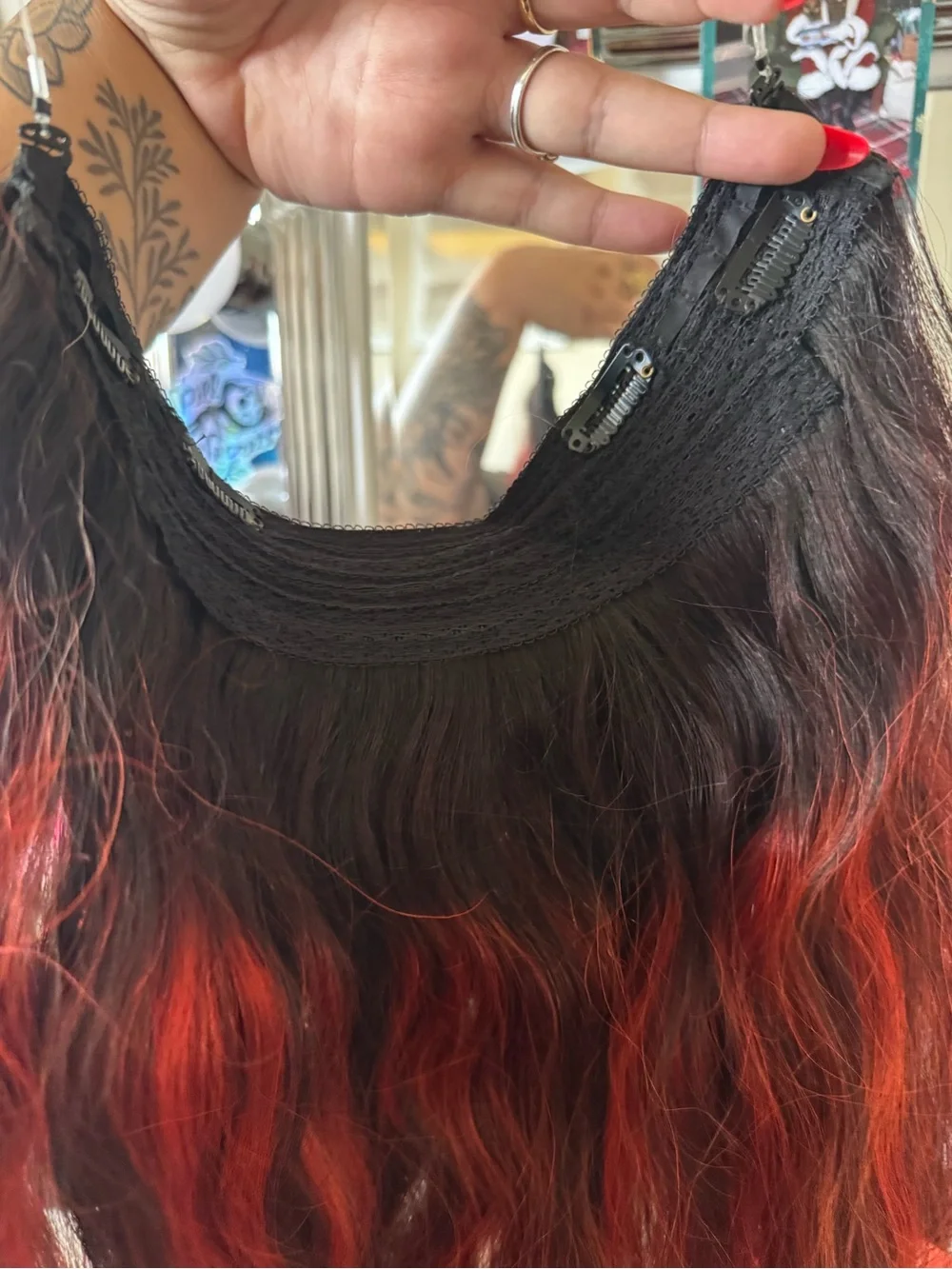 YoungSee Human Hair Invisible Wire Halo Extensions 16” Black to Orange Ombre